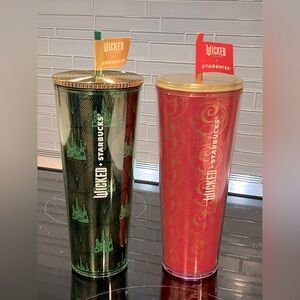 Starbucks Wicked Emerald City Metallic Green and Pink Glitter Cold Cup bundle